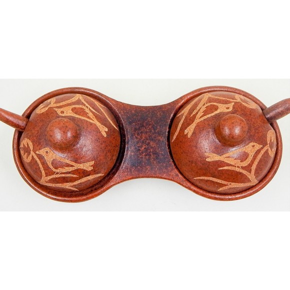 Glazed Clay Bird Motif Jelly Jam Condiment Set With Spoons Lids Primitive - Picture 8 of 8